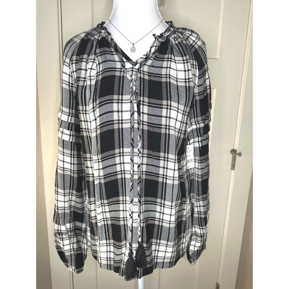 Dip Women Black White Plaid Tassel Tie Neck Blouse Top XS New NWT